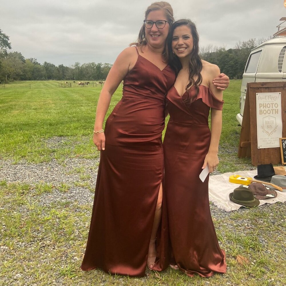 Revelry Bardot Satin Dress